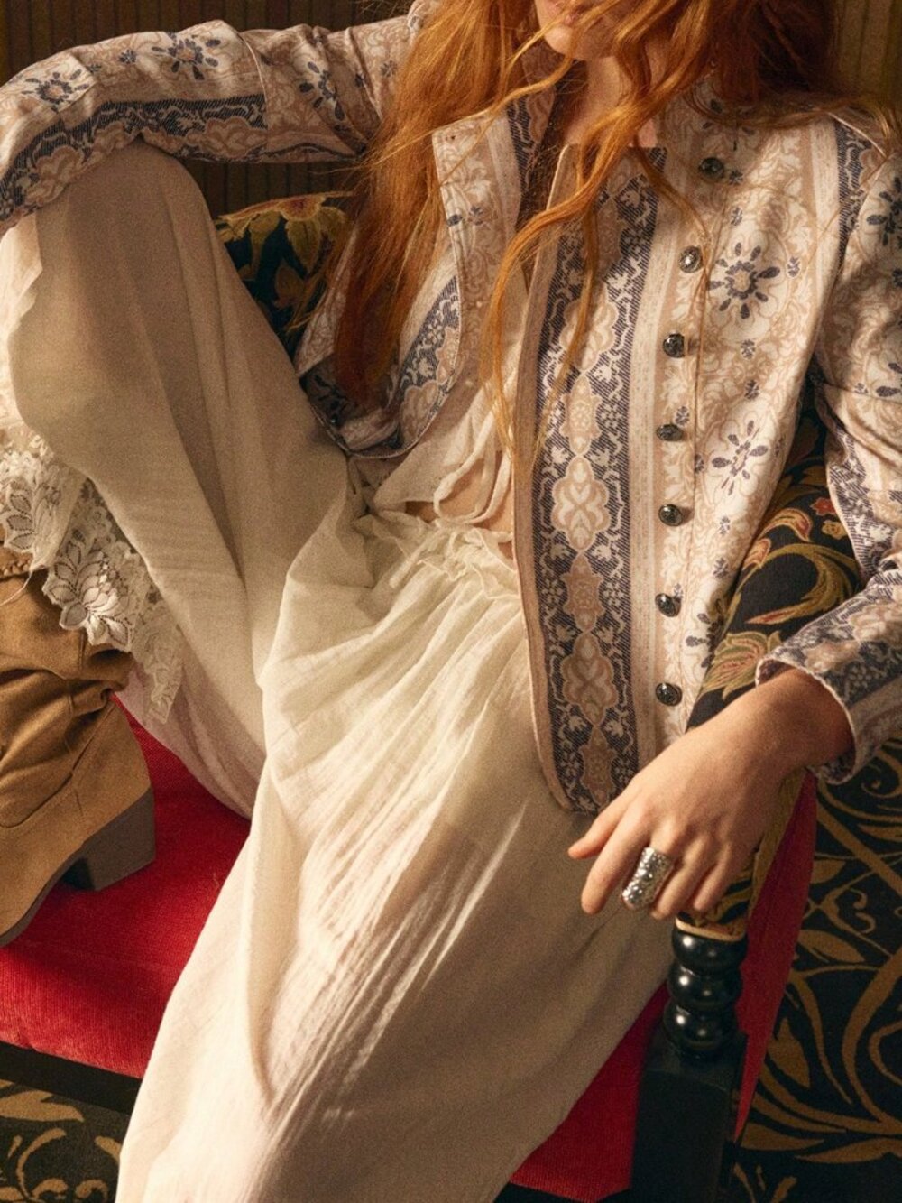 Khaki Boho Women's Floral Print Double-Breasted Jacket